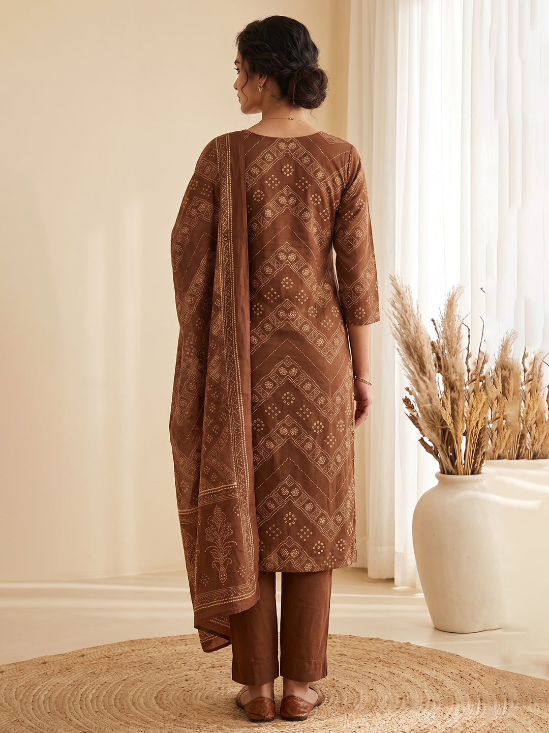 Brown Printed Cotton Blend Kurta With Pant &amp; Dupatta