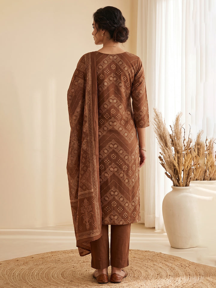 Brown Printed Cotton Blend Kurta With Pant &amp; Dupatta