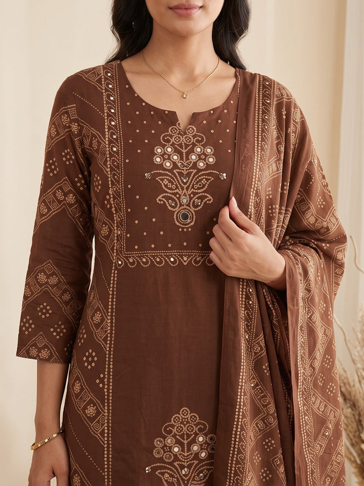 Brown Printed Cotton Blend Kurta With Pant &amp; Dupatta