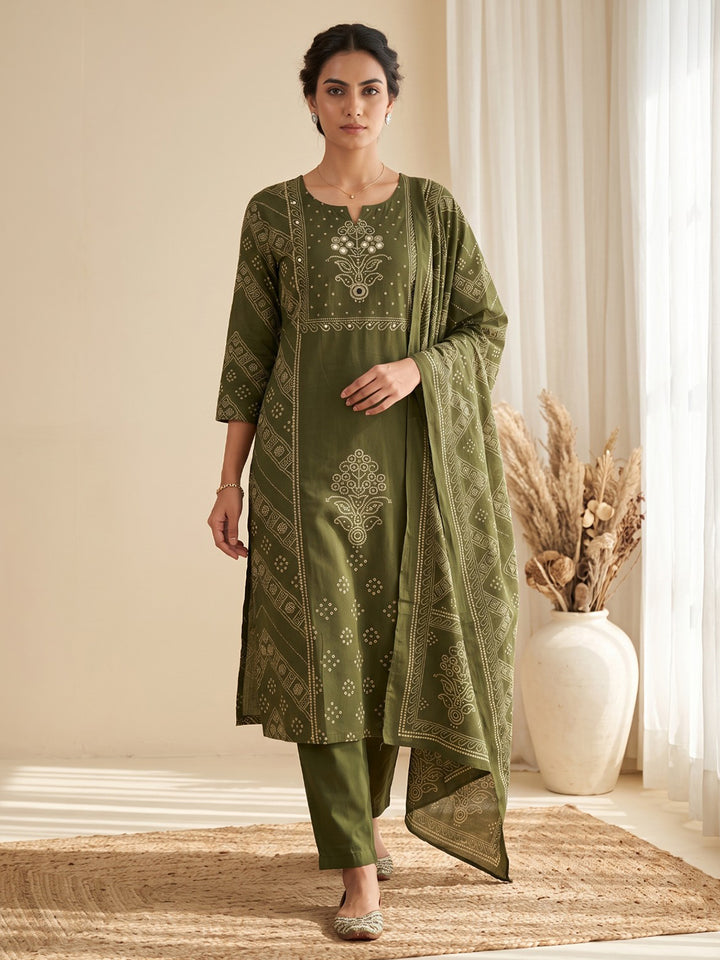 Green Printed Cotton Blend Kurta With Pant &amp; Dupatta