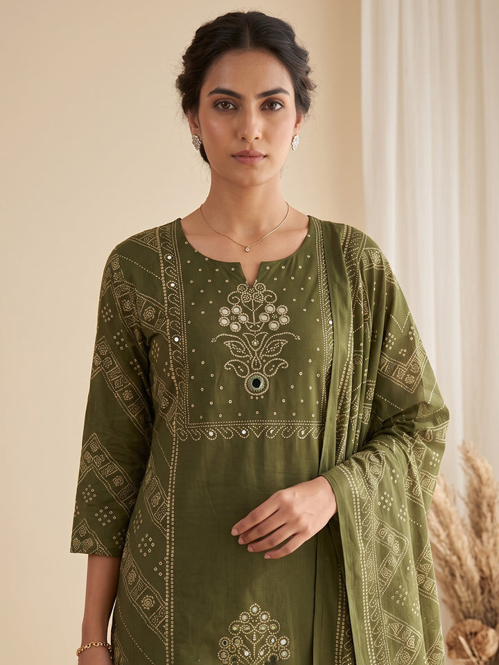 Green Printed Cotton Blend Kurta With Pant &amp; Dupatta
