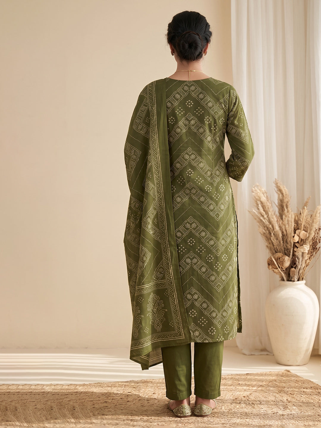 Green Printed Cotton Blend Kurta With Pant &amp; Dupatta