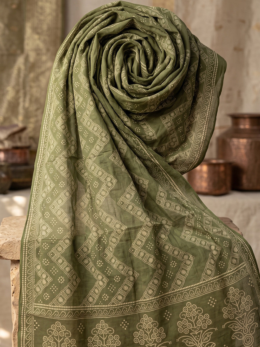 Green Printed Cotton Blend Kurta With Pant &amp; Dupatta