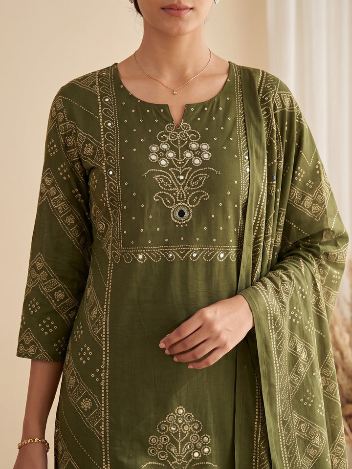 Green Printed Cotton Blend Kurta With Pant &amp; Dupatta