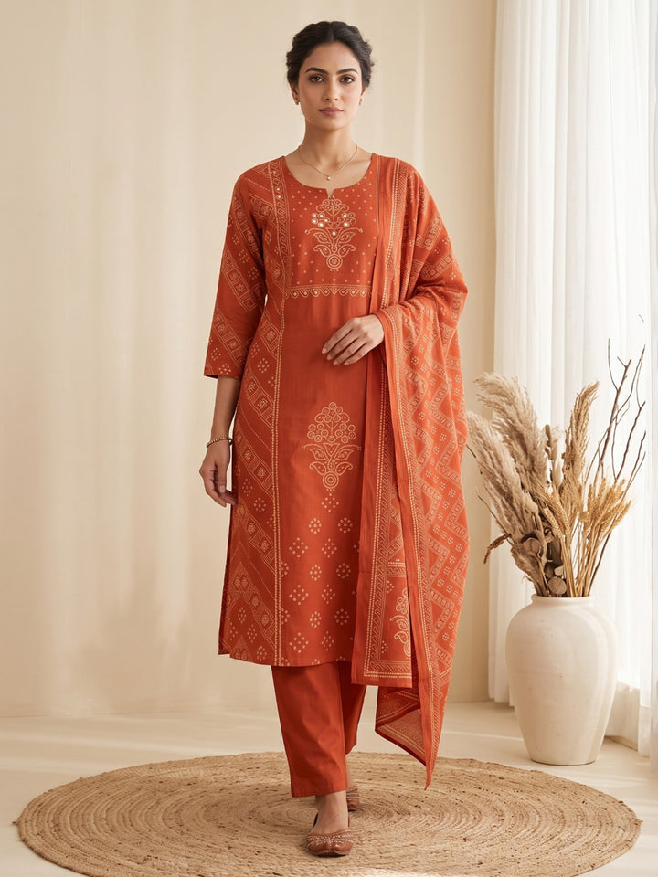 Rust Printed Cotton Blend Kurta With Pant &amp; Dupatta