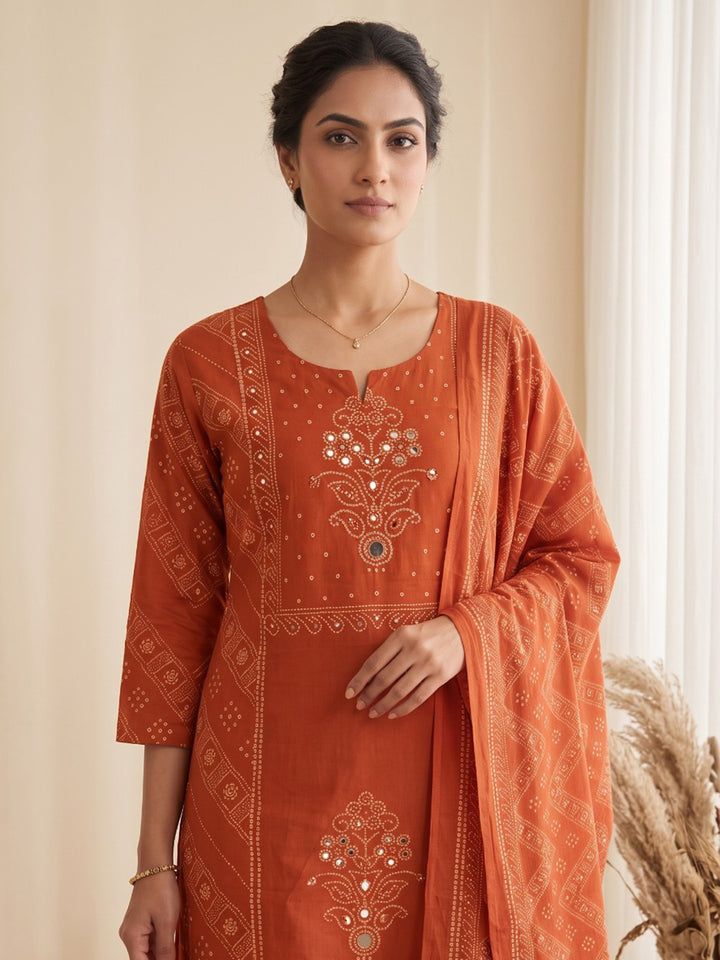 Rust Printed Cotton Blend Kurta With Pant &amp; Dupatta