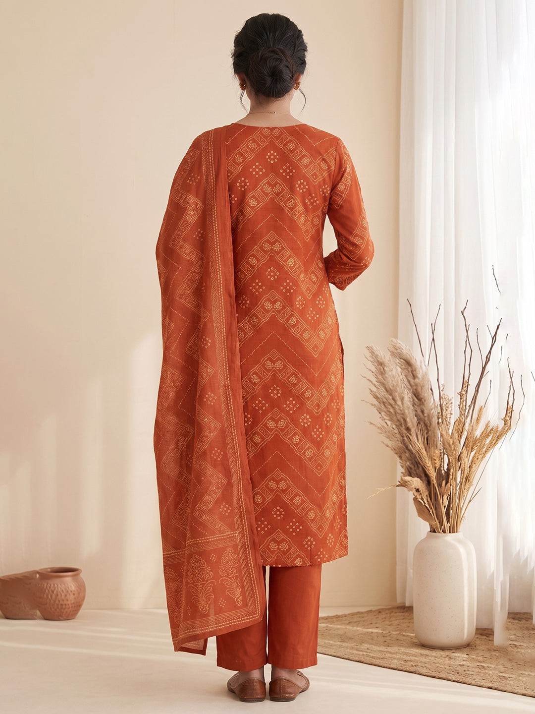Rust Printed Cotton Blend Kurta With Pant &amp; Dupatta