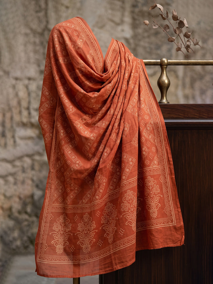 Rust Printed Cotton Blend Kurta With Pant &amp; Dupatta