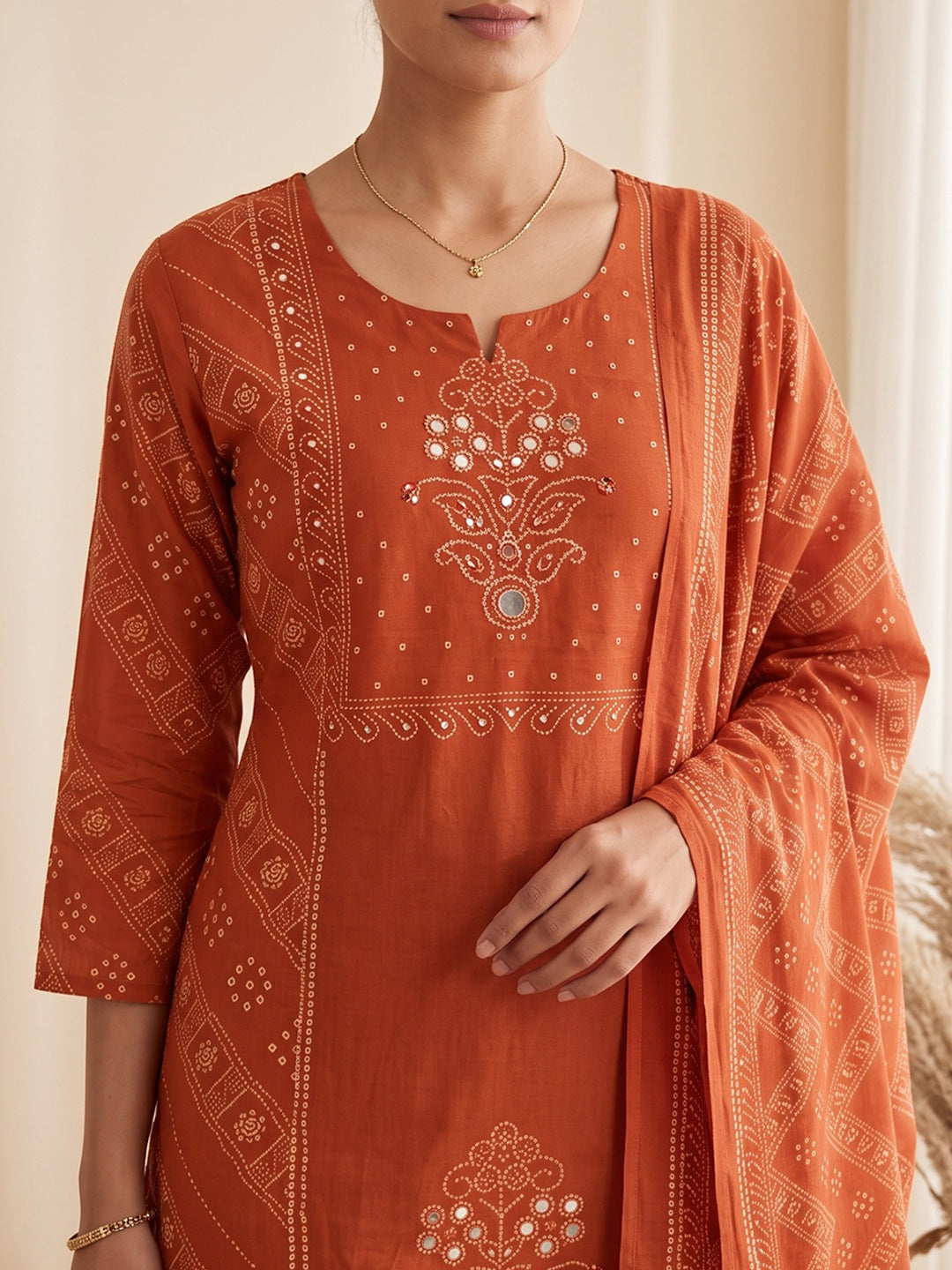 Rust Printed Cotton Blend Kurta With Pant &amp; Dupatta