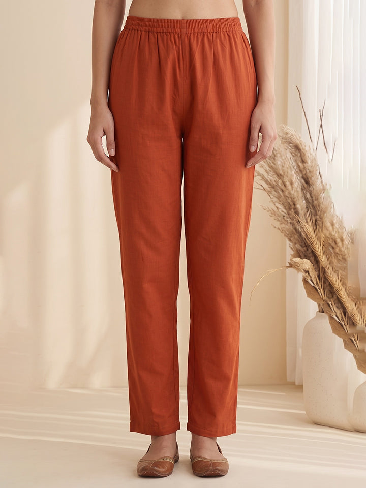 Rust Printed Cotton Blend Kurta With Pant &amp; Dupatta