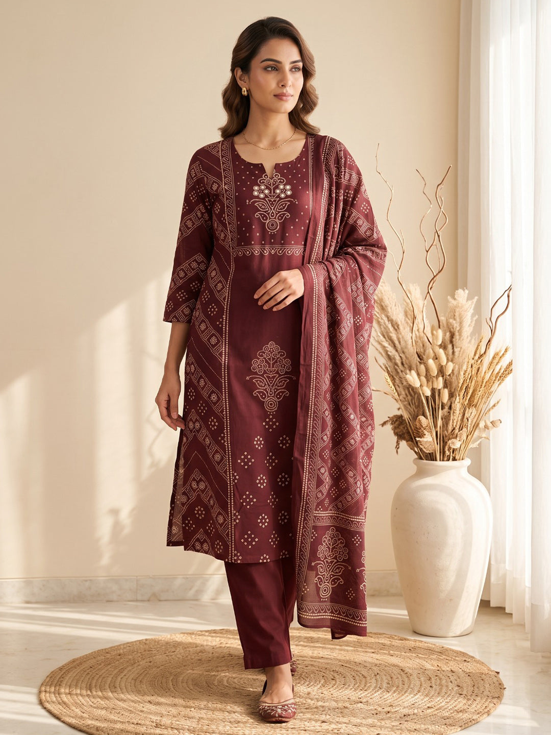 Wine Printed Cotton Blend Kurta With Pant &amp; Dupatta