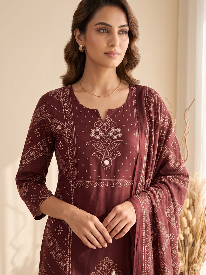 Wine Printed Cotton Blend Kurta With Pant &amp; Dupatta