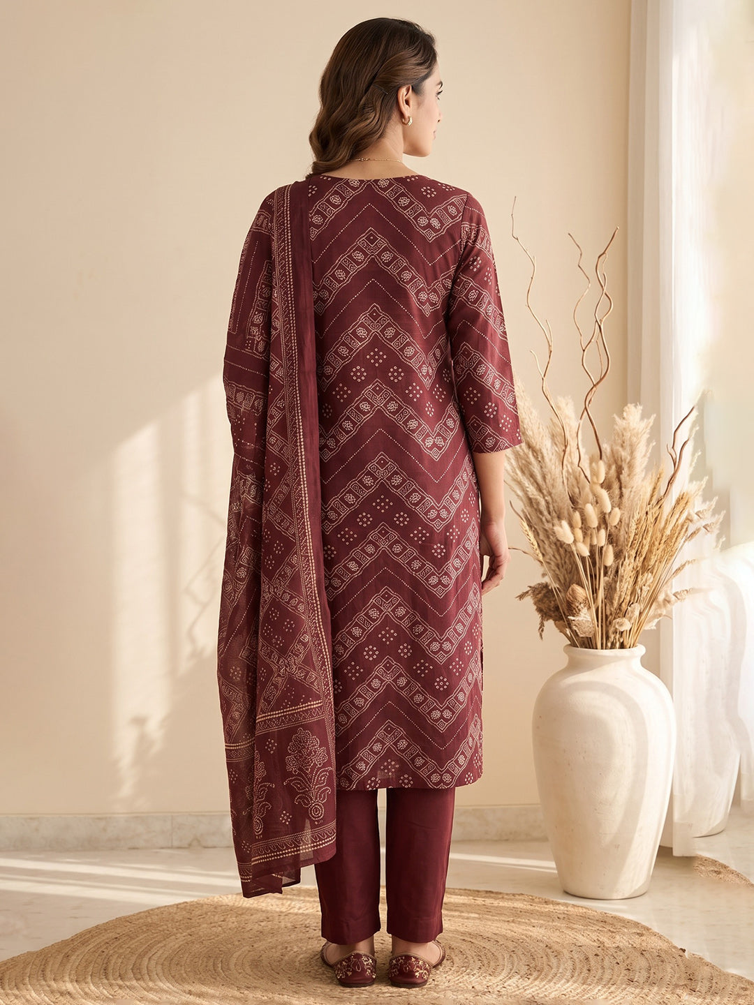 Wine Printed Cotton Blend Kurta With Pant &amp; Dupatta