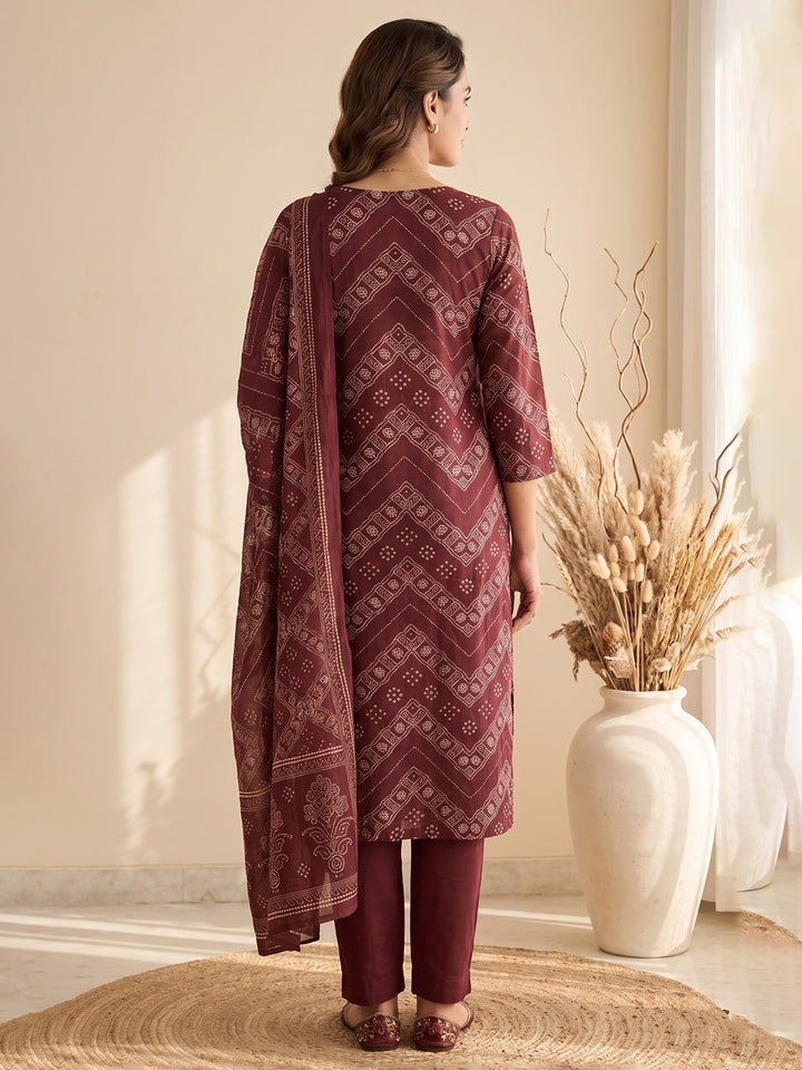 Wine Printed Cotton Blend Kurta With Pant &amp; Dupatta