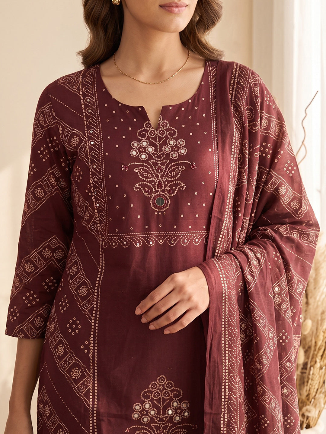 Wine Printed Cotton Blend Kurta With Pant &amp; Dupatta