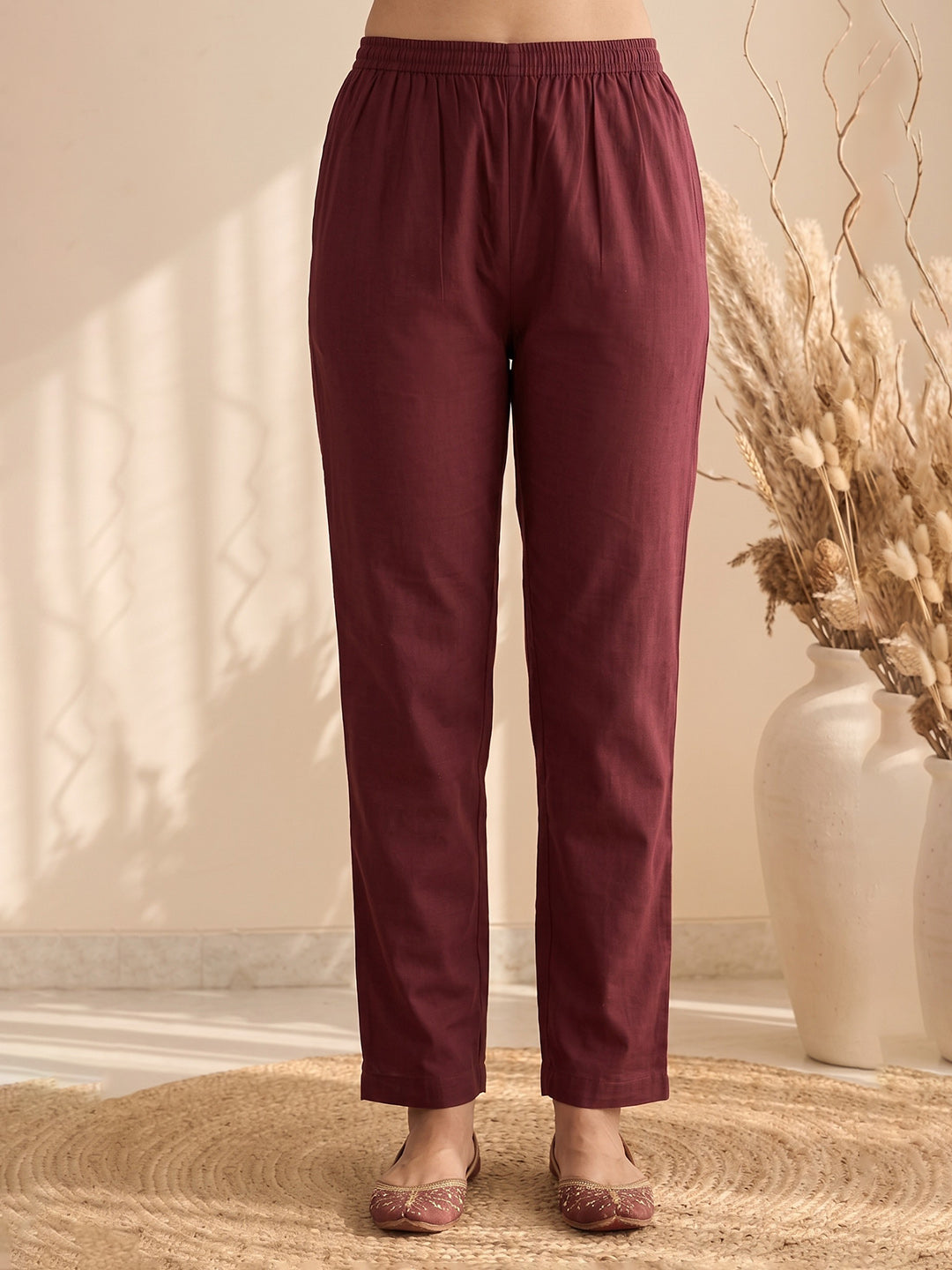 Wine Printed Cotton Blend Kurta With Pant &amp; Dupatta