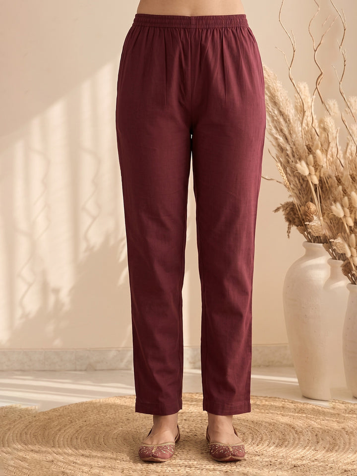 Wine Printed Cotton Blend Kurta With Pant &amp; Dupatta
