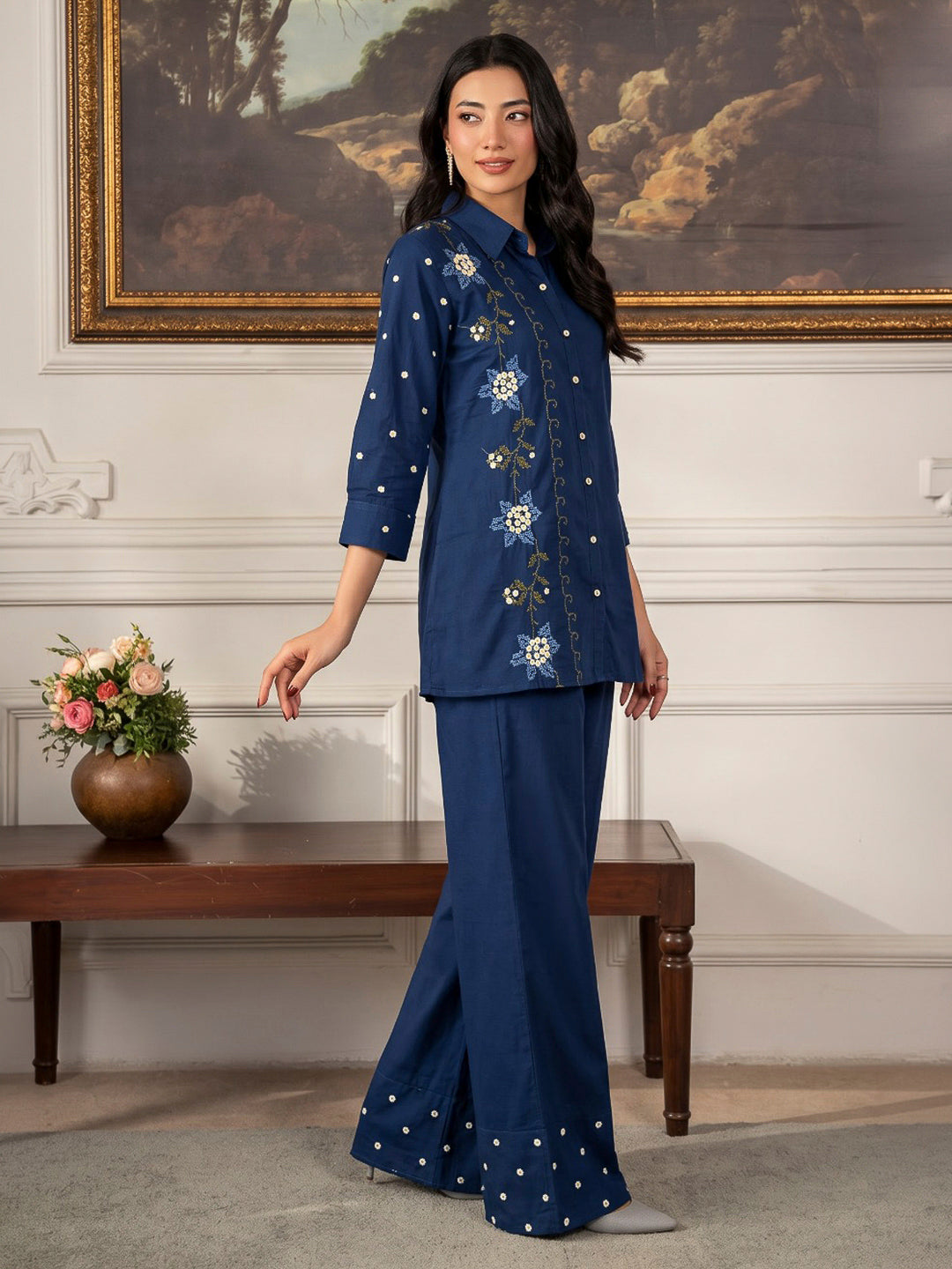 Blue Printed Cotton Blend Kurta Set