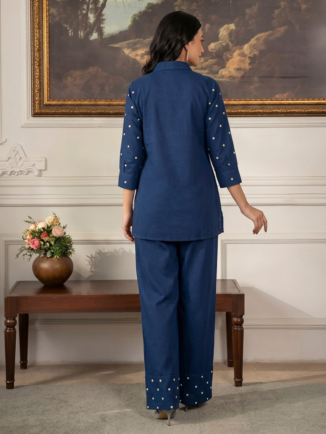 Blue Printed Cotton Blend Kurta Set