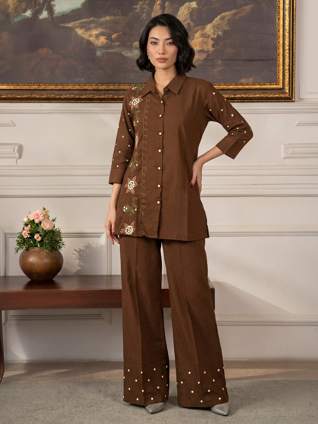 Brown Printed Cotton Blend Kurta Set
