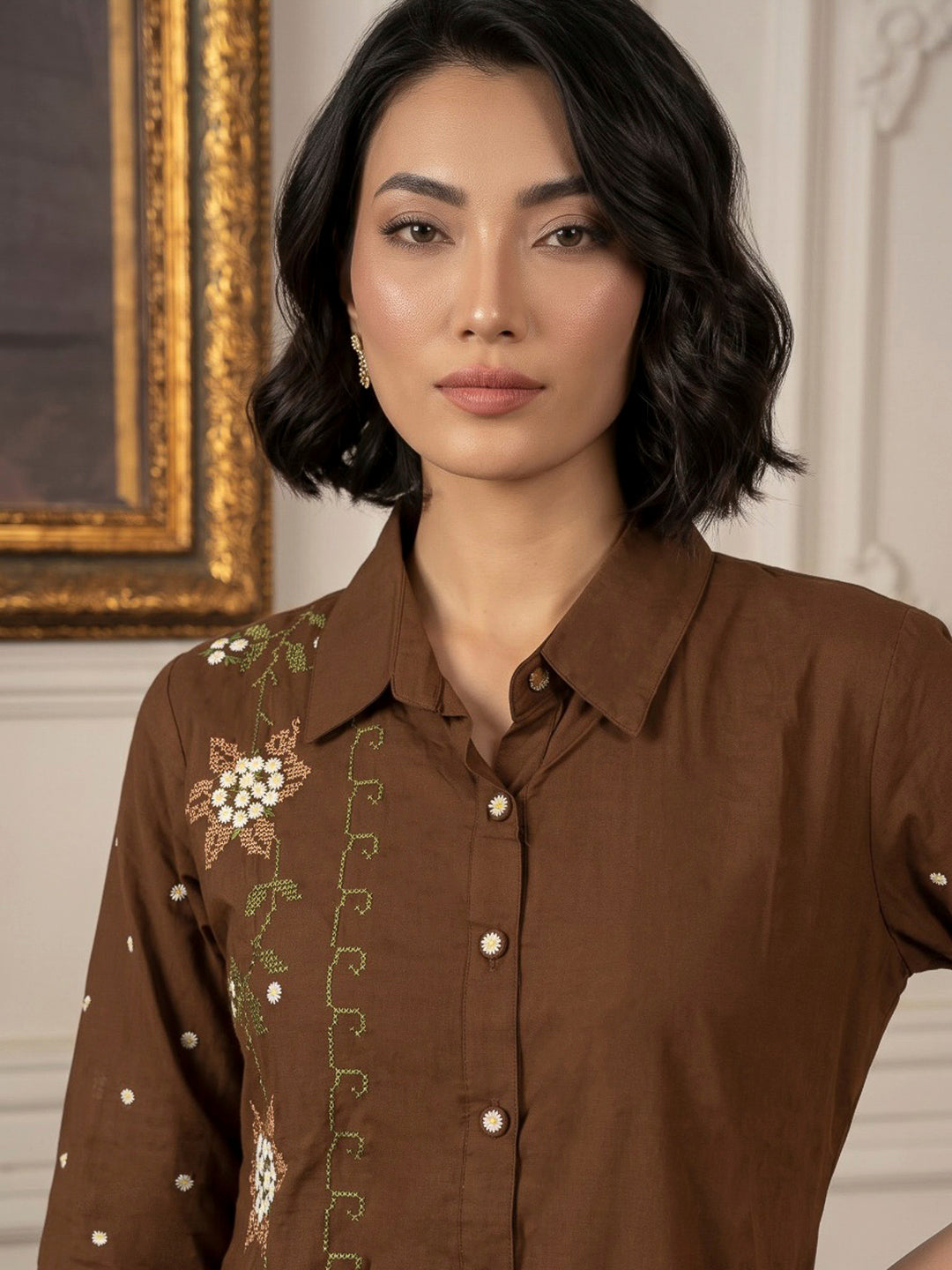 Brown Printed Cotton Blend Kurta Set