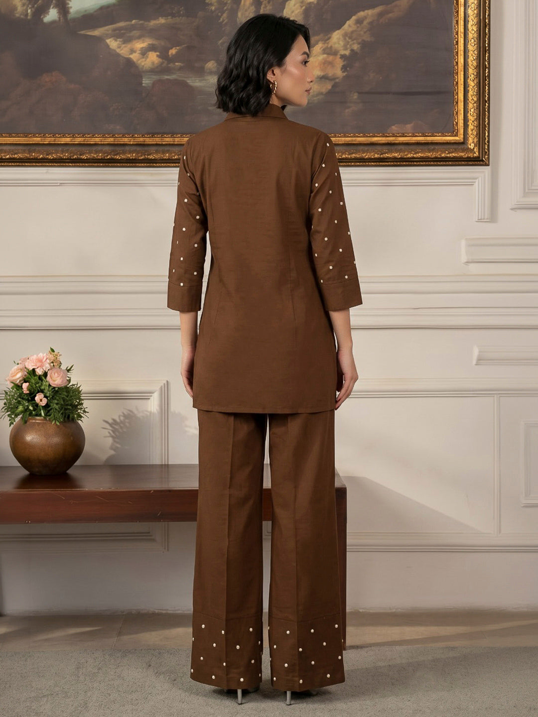 Brown Printed Cotton Blend Kurta Set