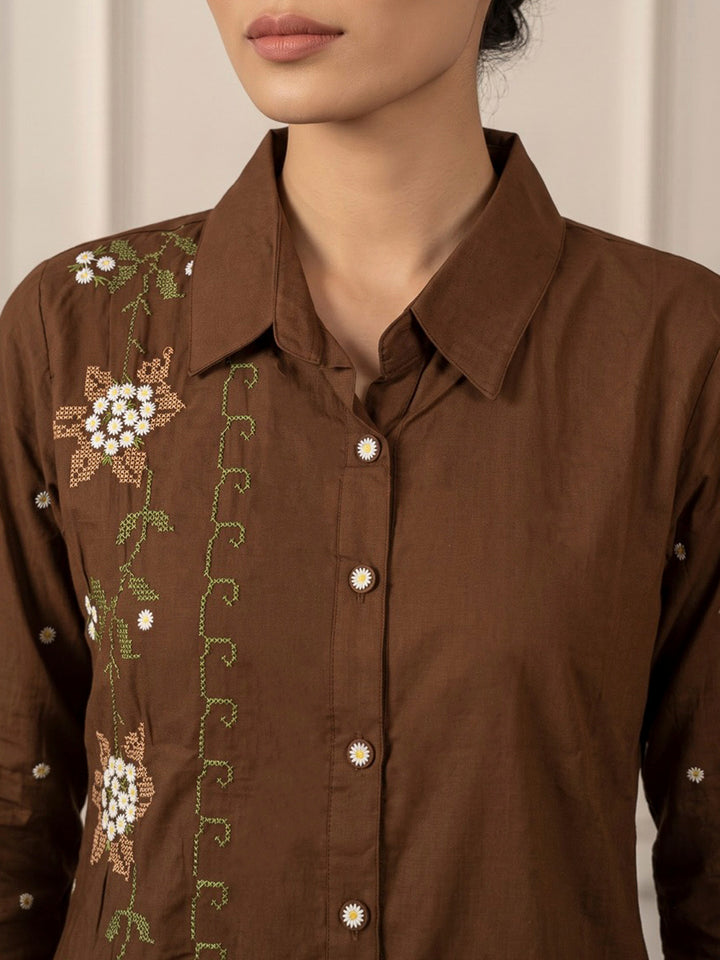 Brown Printed Cotton Blend Kurta Set