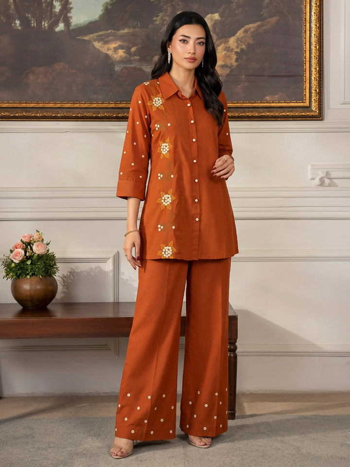 Orange Printed Cotton Blend Kurta Set