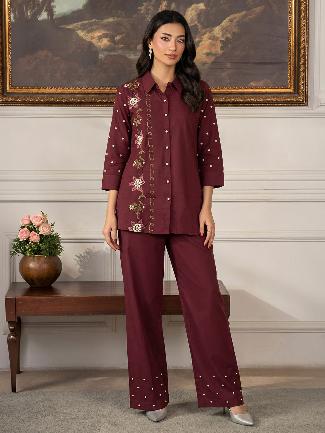 Wine Printed Cotton Blend Kurta Set
