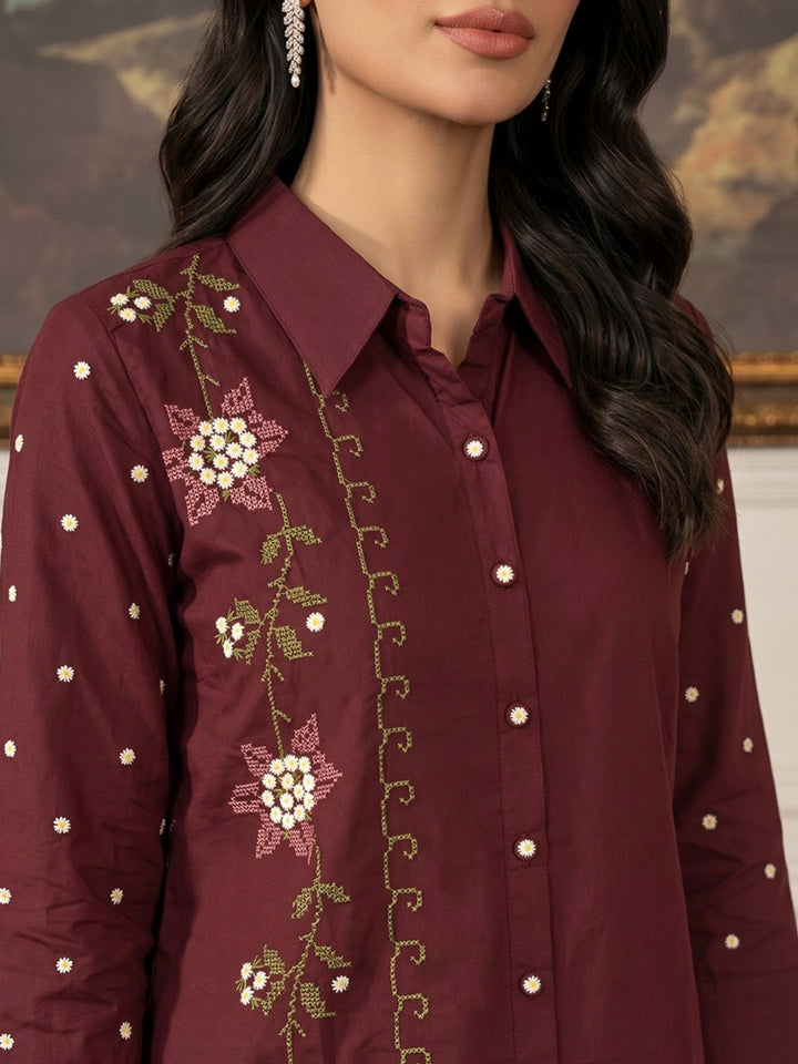 Wine Printed Cotton Blend Kurta Set