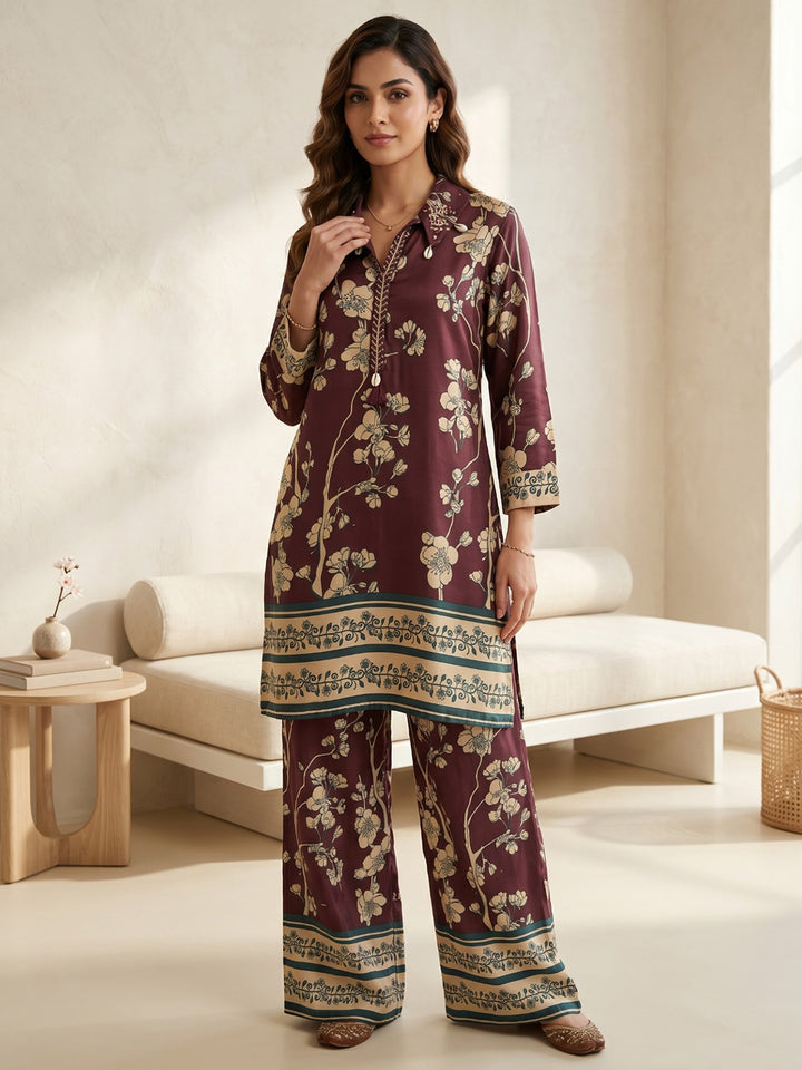 Maroon Printed Cotton Blend V Neck Straight Kurta With Pant
