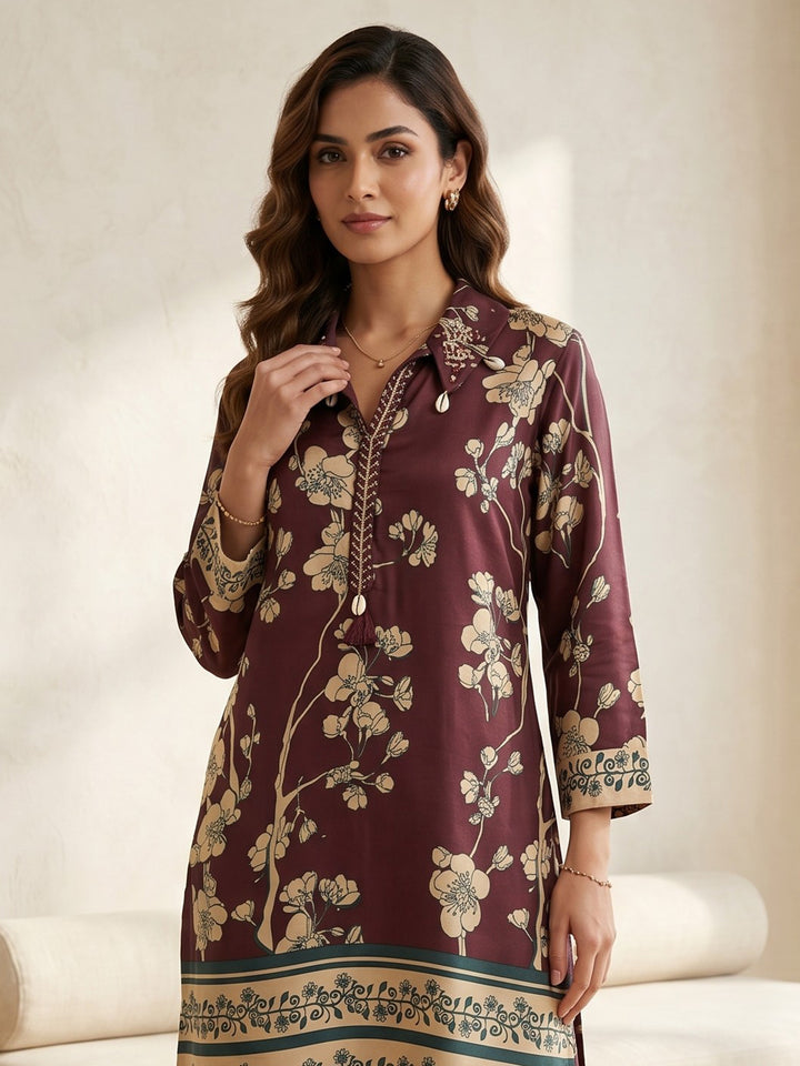 Maroon Printed Cotton Blend V Neck Straight Kurta With Pant