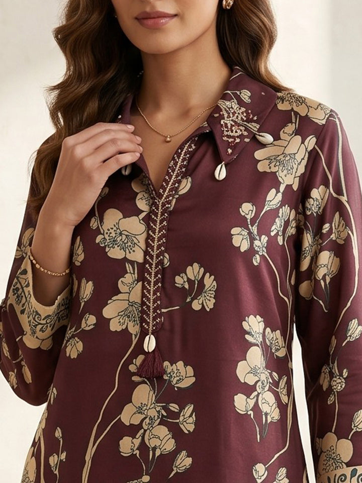 Maroon Printed Cotton Blend V Neck Straight Kurta With Pant