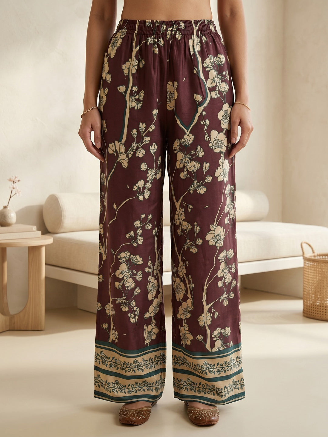 Maroon Printed Cotton Blend V Neck Straight Kurta With Pant