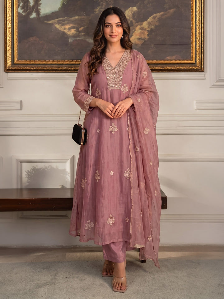 Pink Printed Art Silk Kurta With Pant &amp; Dupatta