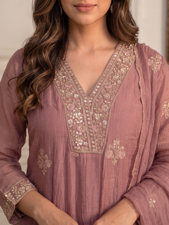 Pink Printed Art Silk Kurta With Pant &amp; Dupatta