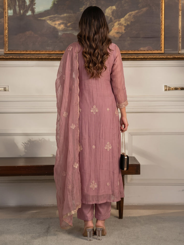 Pink Printed Art Silk Kurta With Pant &amp; Dupatta