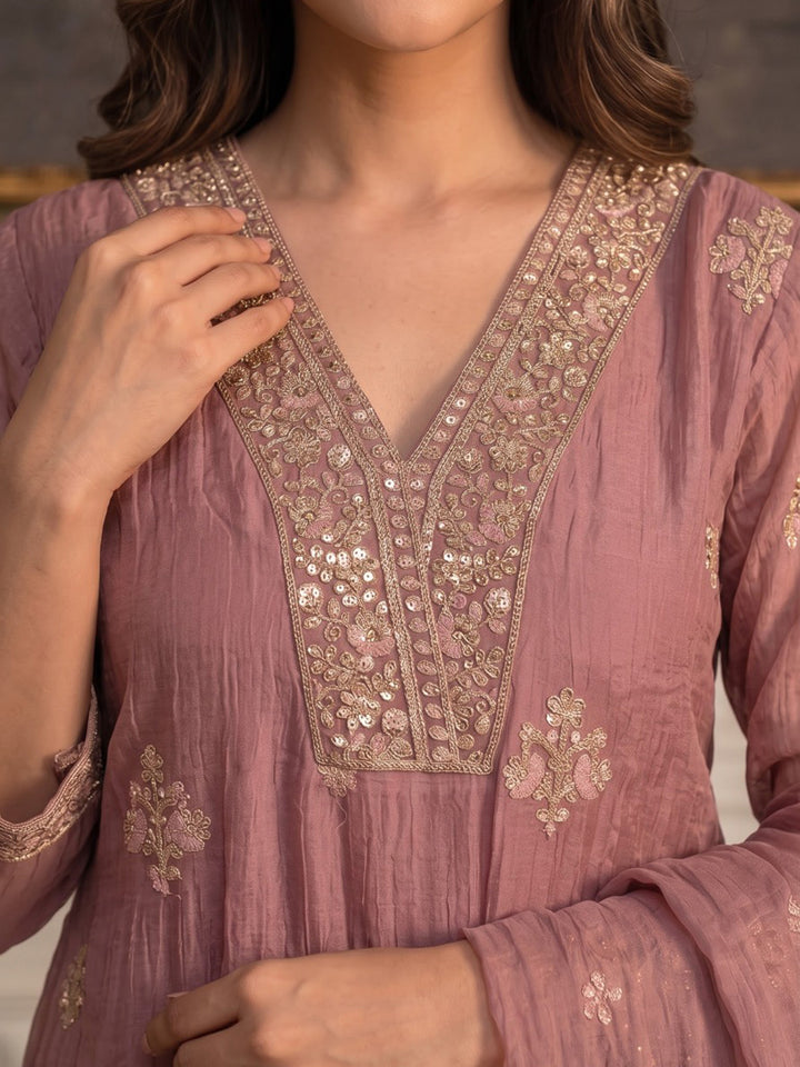 Pink Printed Art Silk Kurta With Pant &amp; Dupatta