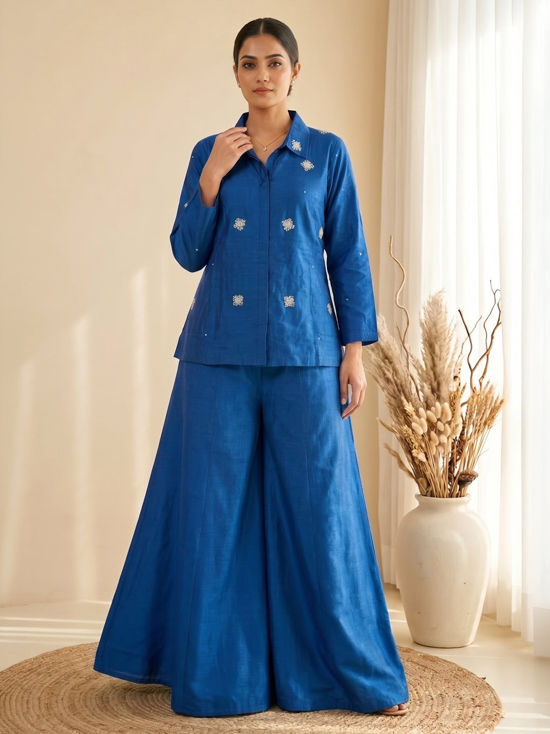 Blue Embroidered Cotton Blend Kurta Set
