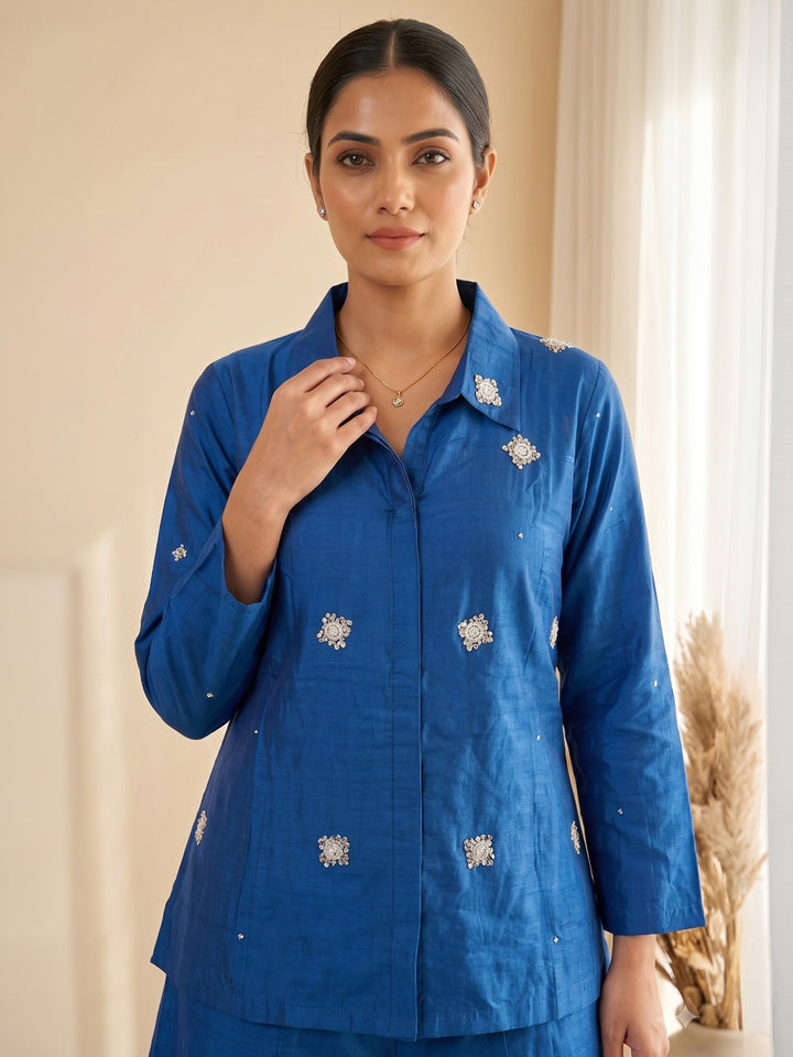 Blue Embroidered Cotton Blend Kurta Set