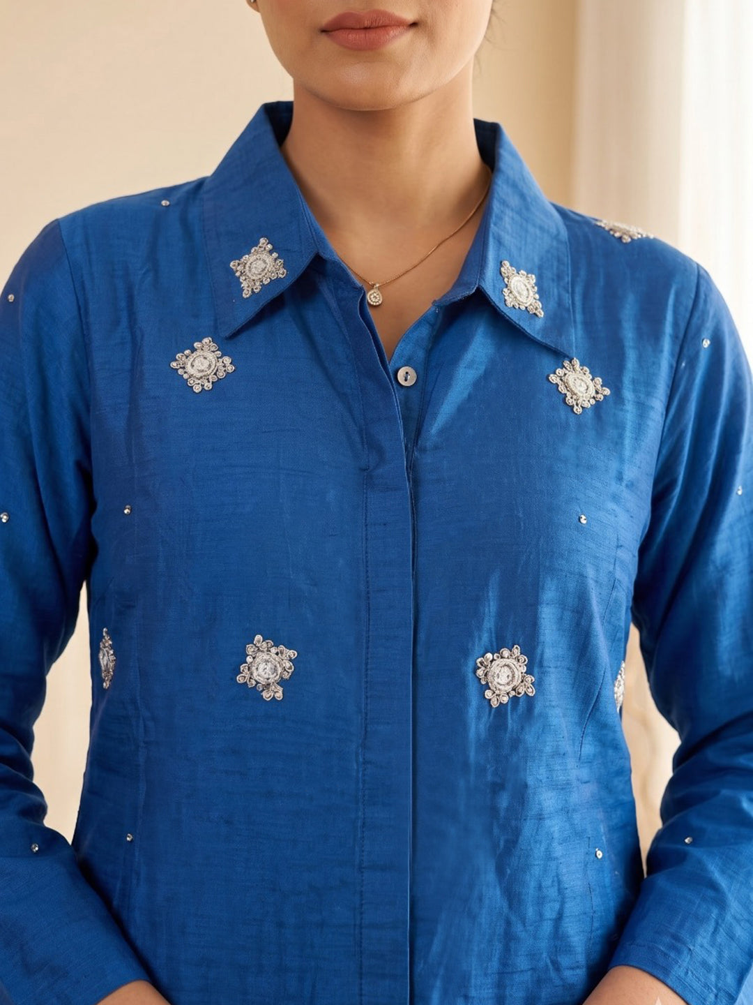 Blue Embroidered Cotton Blend Kurta Set