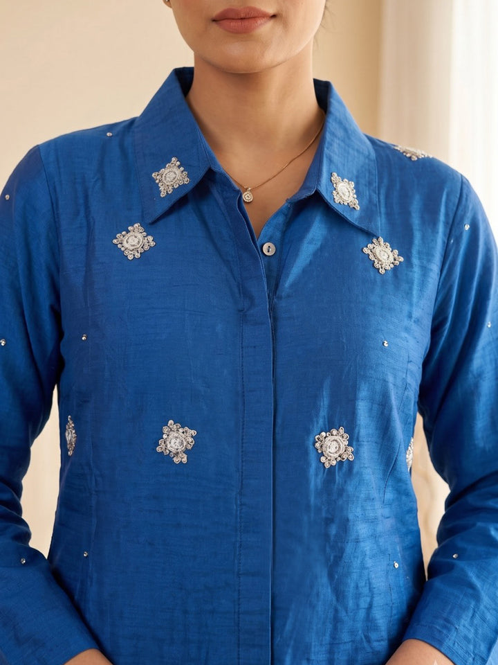 Blue Embroidered Cotton Blend Kurta Set