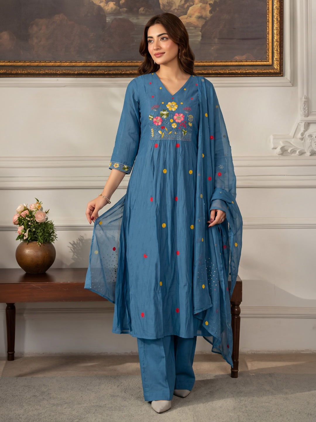Blue Embroidered Chanderi Kurta With Pant &amp; Dupatta