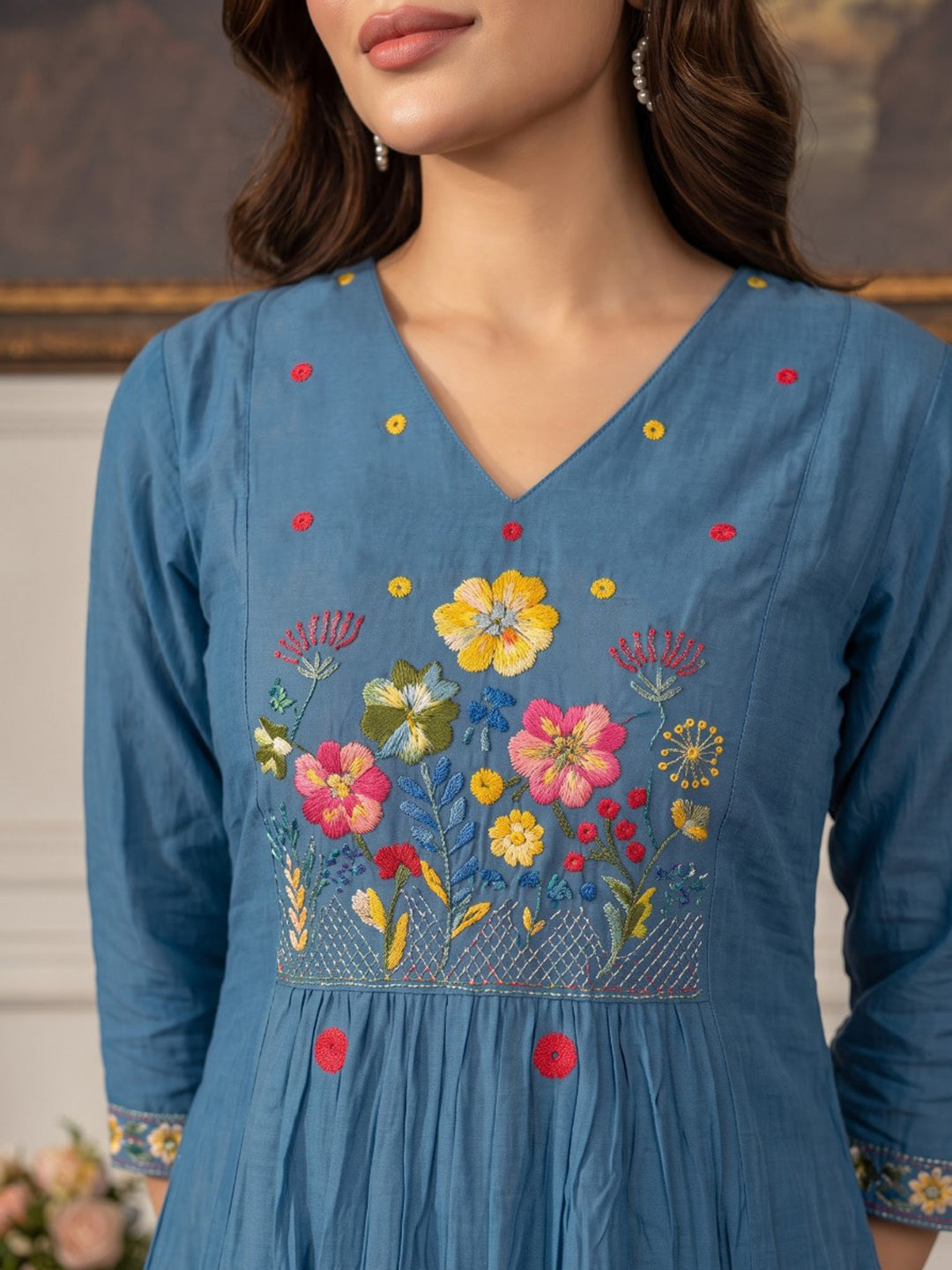 Blue Embroidered Chanderi Kurta With Pant &amp; Dupatta