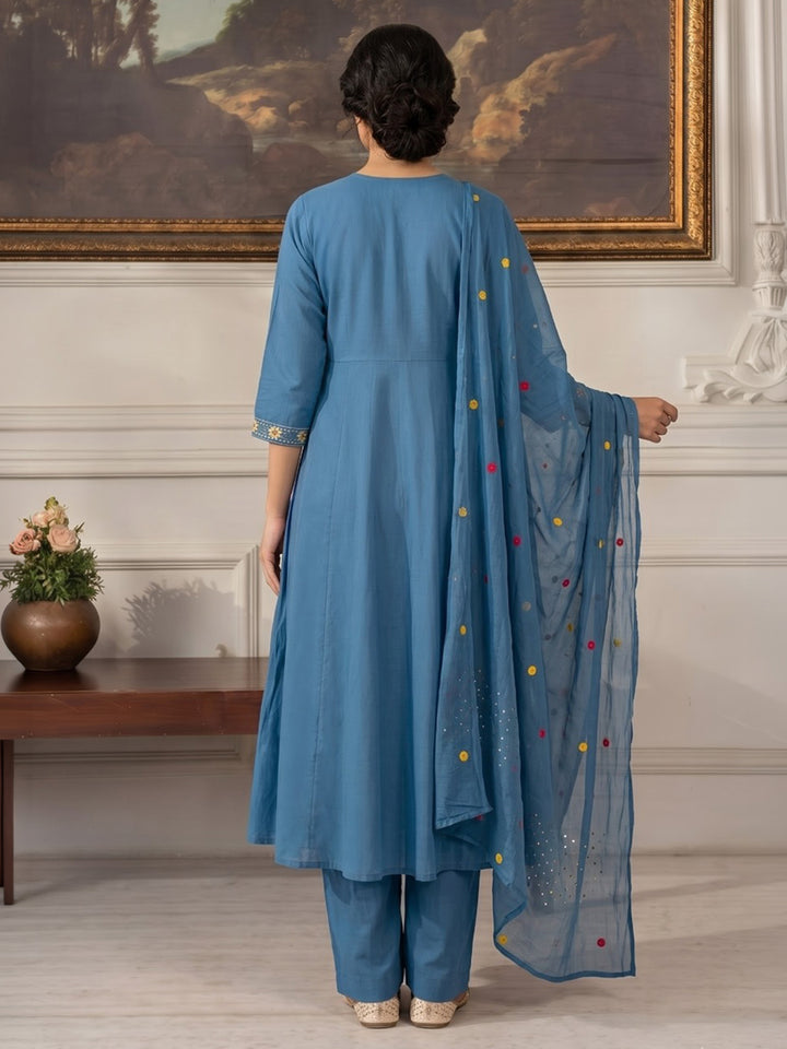 Blue Embroidered Chanderi Kurta With Pant &amp; Dupatta