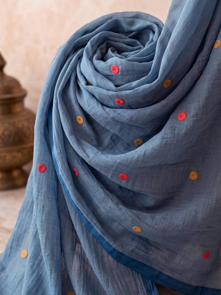 Blue Embroidered Chanderi Kurta With Pant &amp; Dupatta
