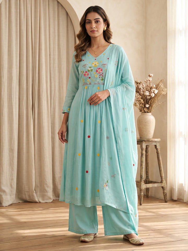 Mint Embroidered Chanderi Kurta With Pant &amp; Dupatta