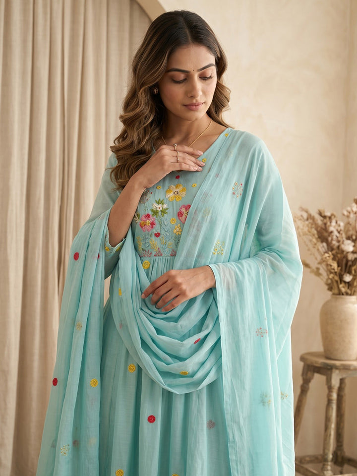 Mint Embroidered Chanderi Kurta With Pant &amp; Dupatta