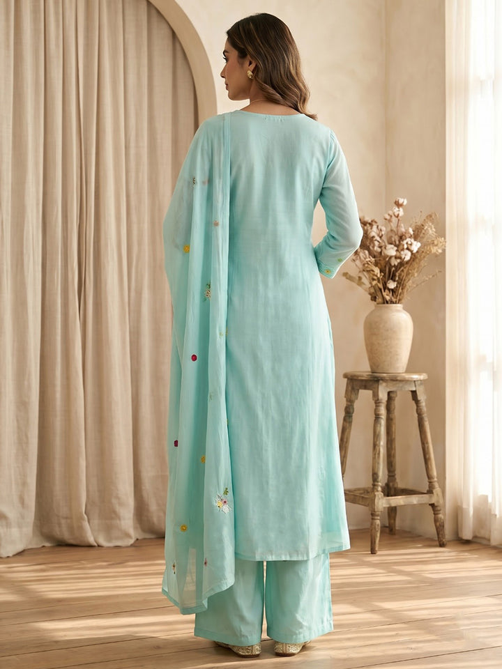 Mint Embroidered Chanderi Kurta With Pant &amp; Dupatta