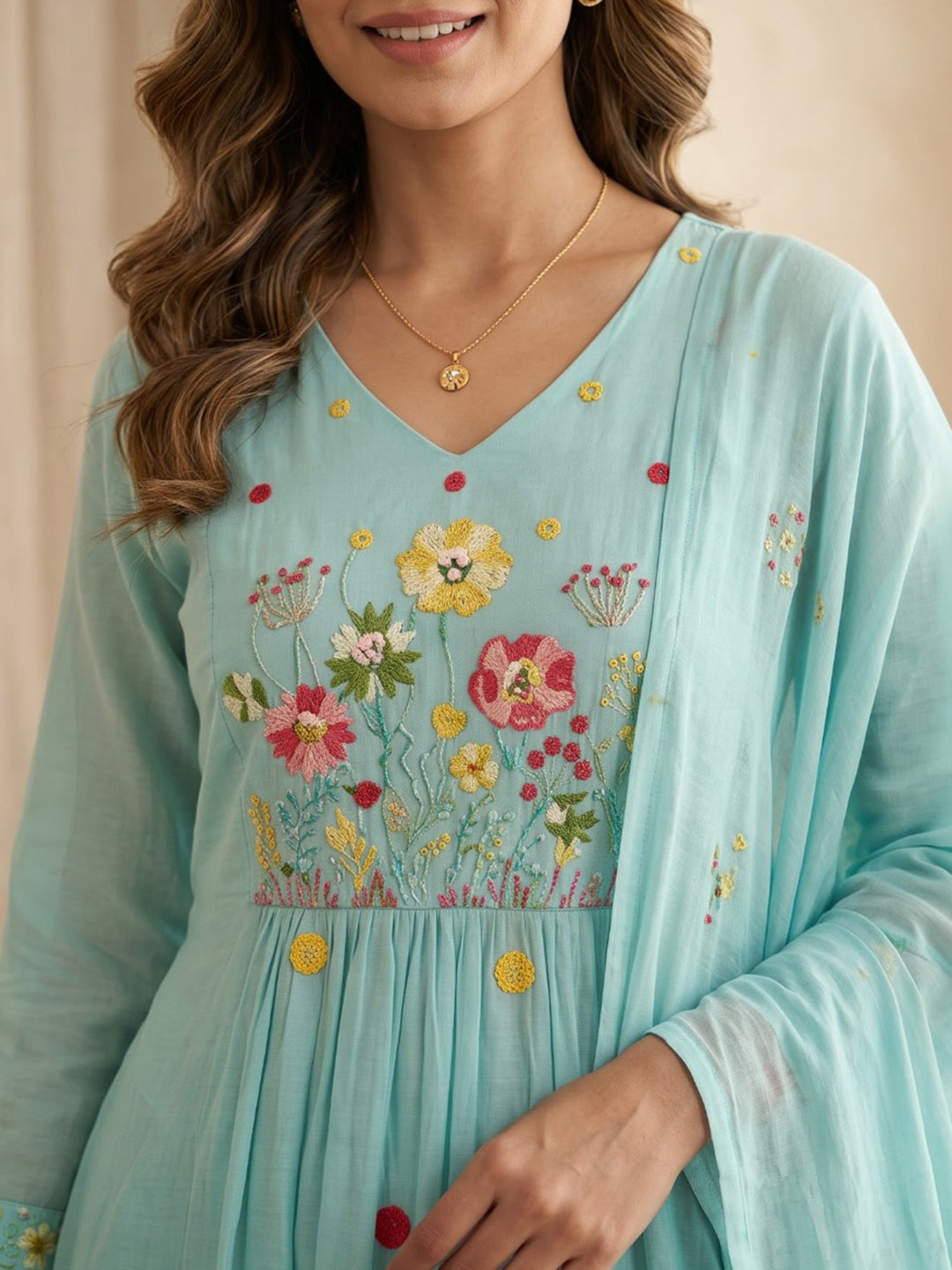 Mint Embroidered Chanderi Kurta With Pant &amp; Dupatta